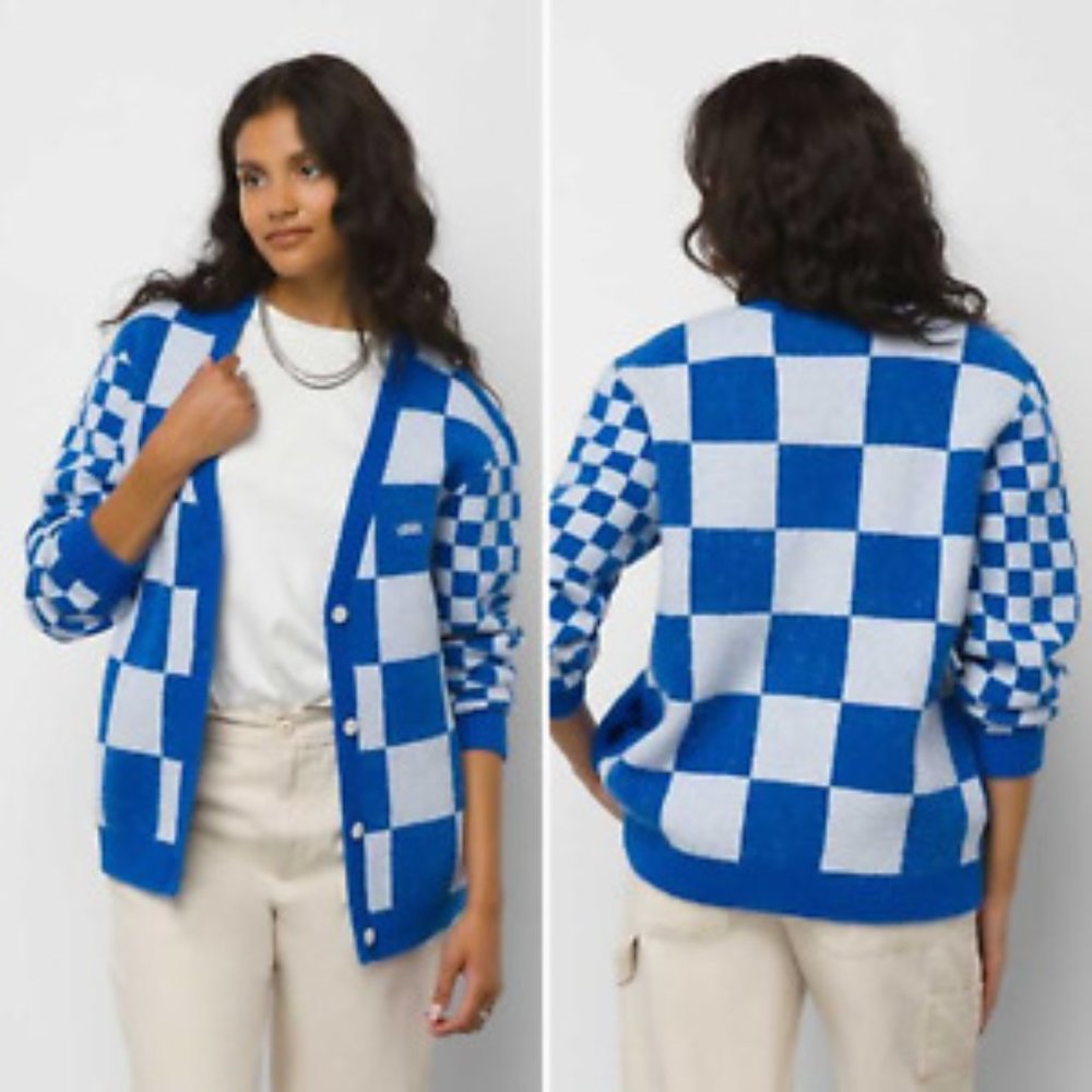 Blue & White Checkerboard Knit Cardigan - VANS